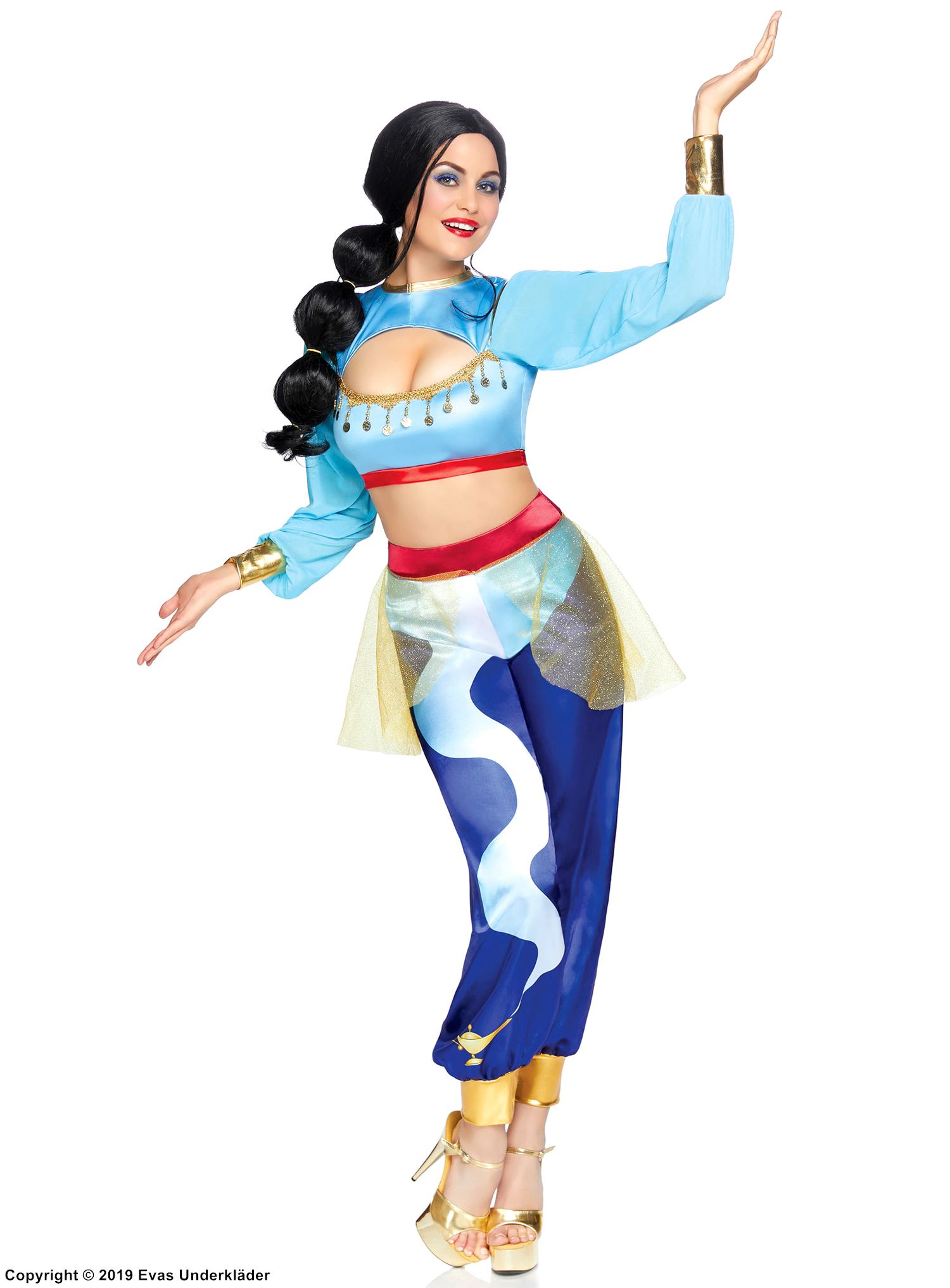 Female genie in a bottle, costume top and pants, keyhole, gold shimmer